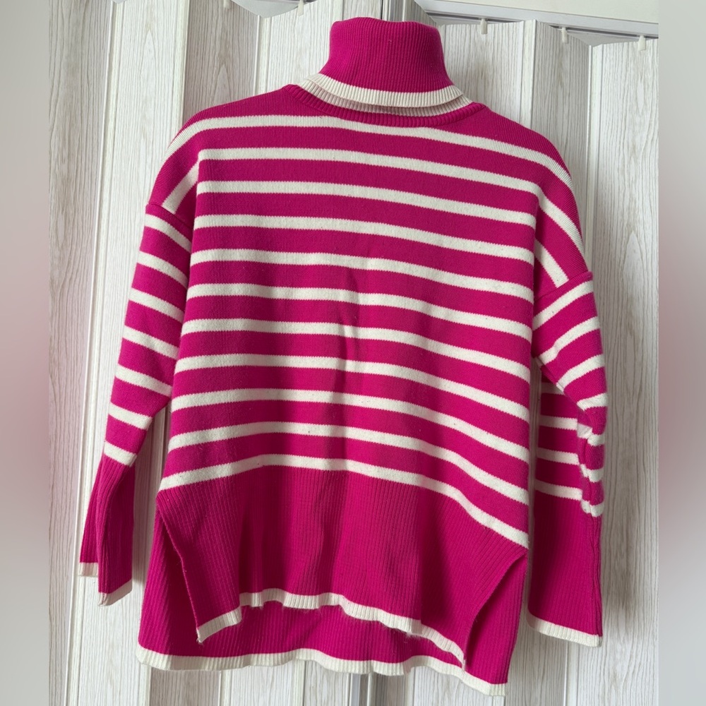 Pink White Striped Turtleneck Sweater Cozy Oversized Knit Preppy Chic
